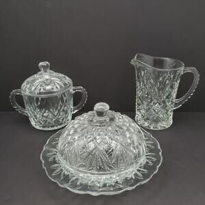 Vtg Anchor Hocking Pineapple Cut Round Butter Dish Creamer Covered Sugar Prescut